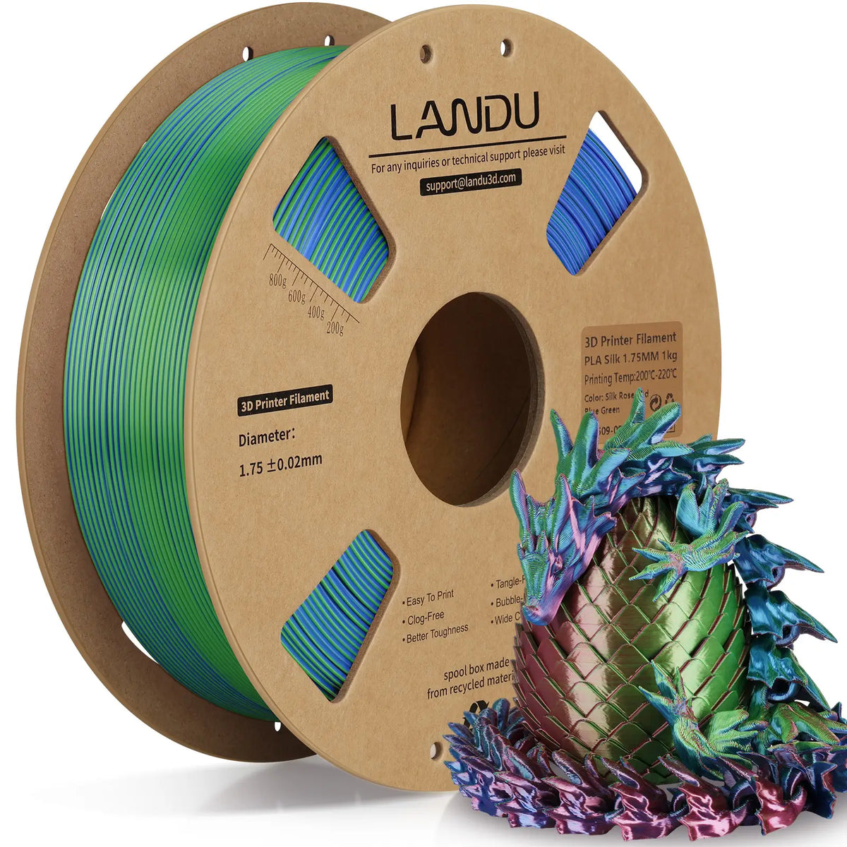 LANDU Rose Red Blue Green Tri-Color Silk PLA 3D printer filament 1kg spool displayed with a pearlescent color-shifting 3D printed dragon.